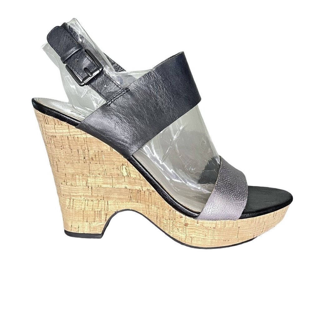 Franco Sarto Gardenia Size 10 M Black and Pewter Cork Wedge Heel Sandals Shoes‎